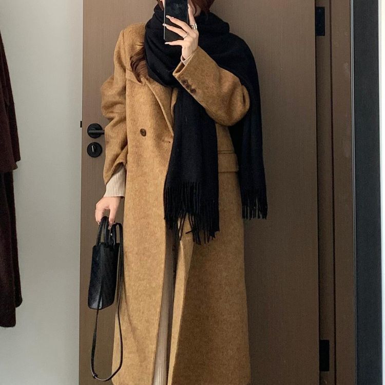 Woolen Outwear H-Shaped Straight Woolen Outwear Women's New Autumn and Winter Mid-Length Double-Sided 2025 Korean Style Right Shoulder