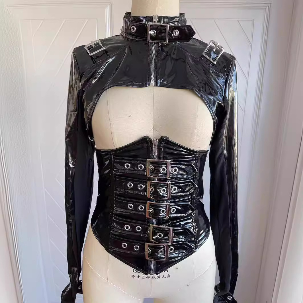 Cross-Border New American-Style Tight-Fitting Dark Style Personalized Women's Cool Top with Waist Cincher, Fashionable Nightclub-Style Leather Jacket