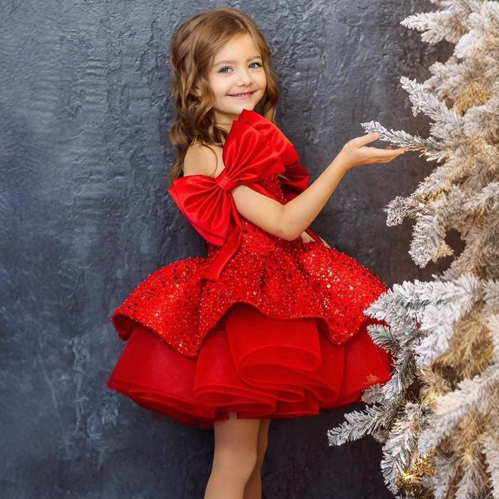 크리스마스 어린이 원피스 2025 새로운 빨간 어린이 스팽글 푹신한 원사 소녀 원피스 공주 원피스 국경을 넘어