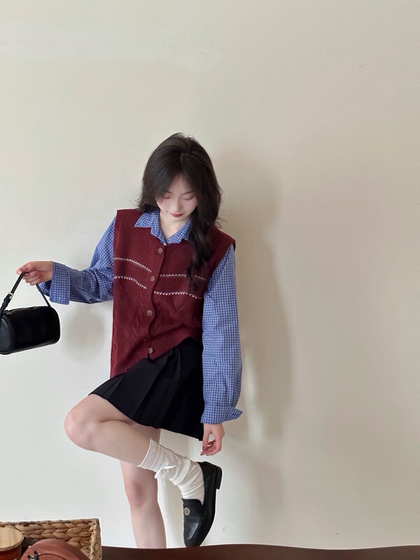 绵软手感复古针织背心开衫马甲坎肩圆领叠穿甜美提花百搭潮复古风|undefined