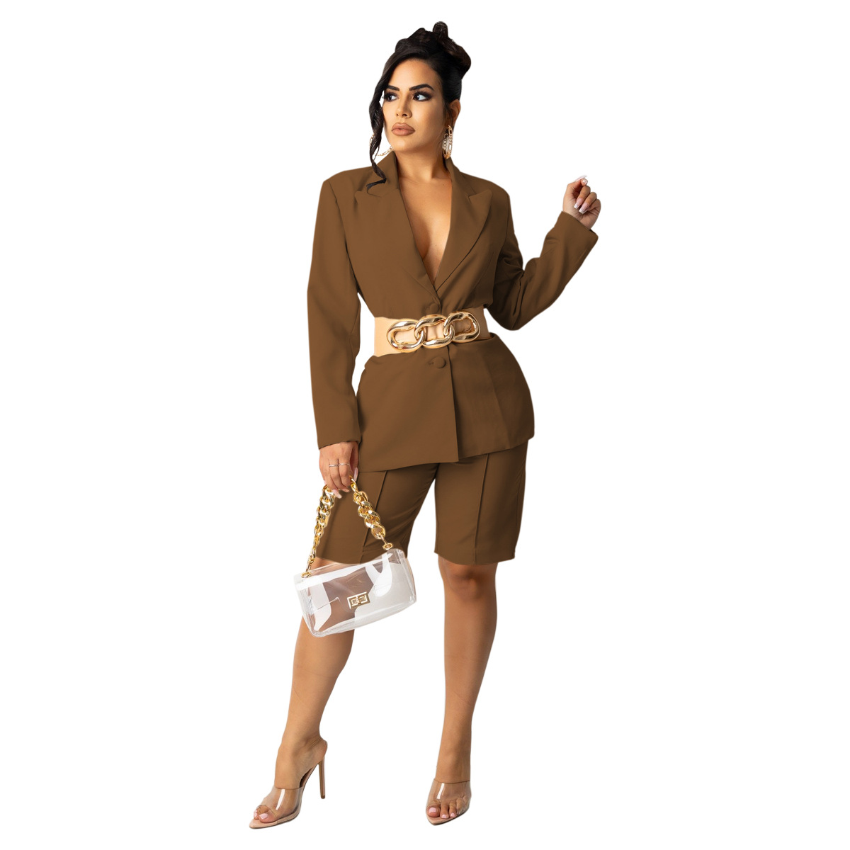 solid color suit jacket shorts two-piece set nihaostyles clothing wholesale NSQYT92733