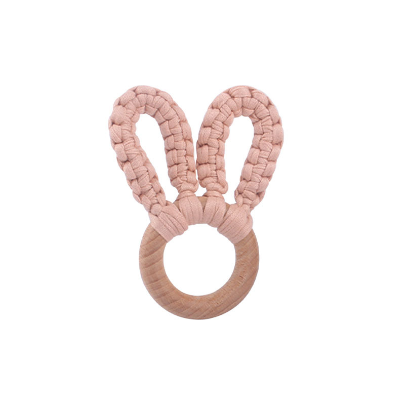 DIY bebé creativo Beech anillo mordedor pulsera juguete hecho a mano de algodón tejido orejas conejo dientes molienda palo