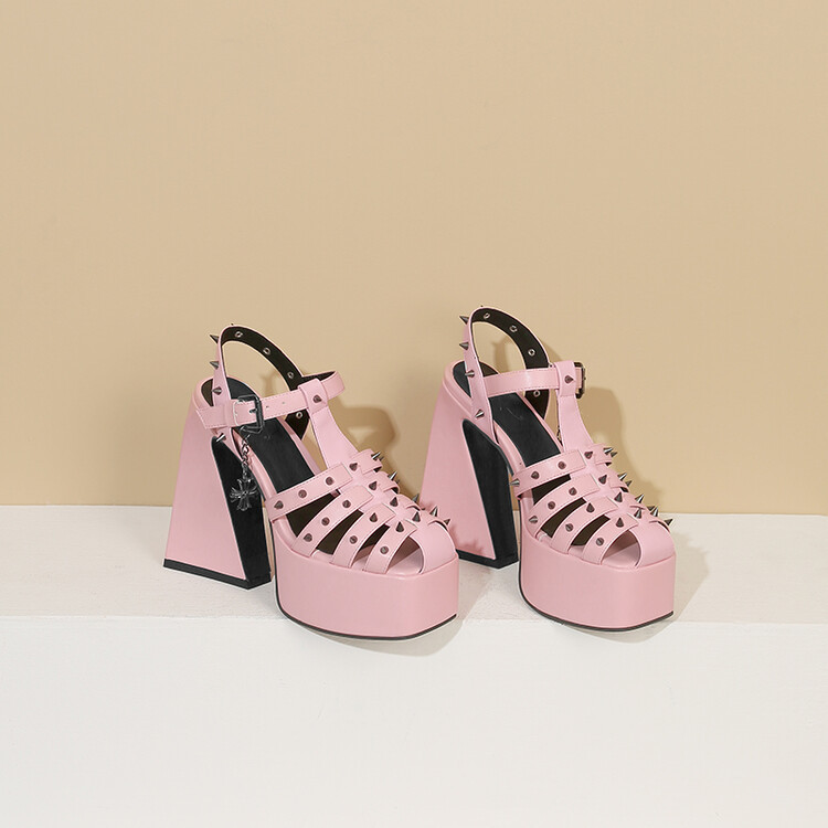 2023 foreign trade new European and American style metal rivet woven hollow buckle waterproof platform thick heel high heel sandals for women