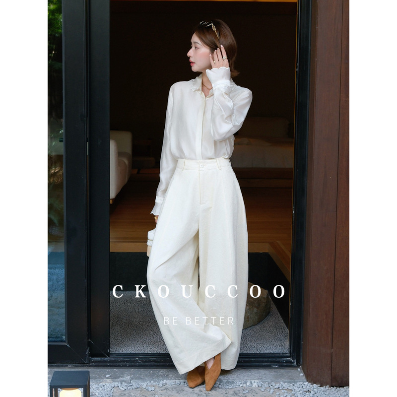 Rongtai Curve Beauty Lyocell Cotton Arc Jacquard Design Casual Pants for Women, Loose Fit, Slimming, Airy Wide-Leg Trousers