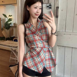 复古风红色格子挂脖吊带背心女夏季新款外穿收腰辣妹扭结无袖上衣