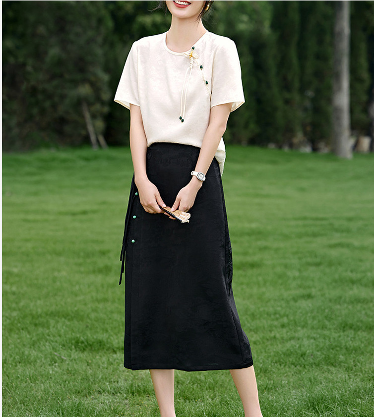 Áo sơ mi nữ satin jacquard phong cách Trung Quốc tay ngắn thanh lịch — màu trắng ngà chi tiết 7