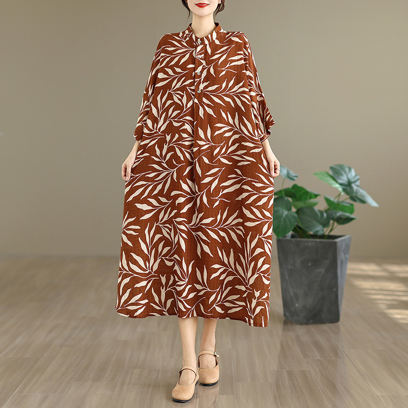 Autumn New Large-Size Foreign Trade Elegant Vintage Cotton-Linen Printed Stand-Collar Loose Long Vacation Dress