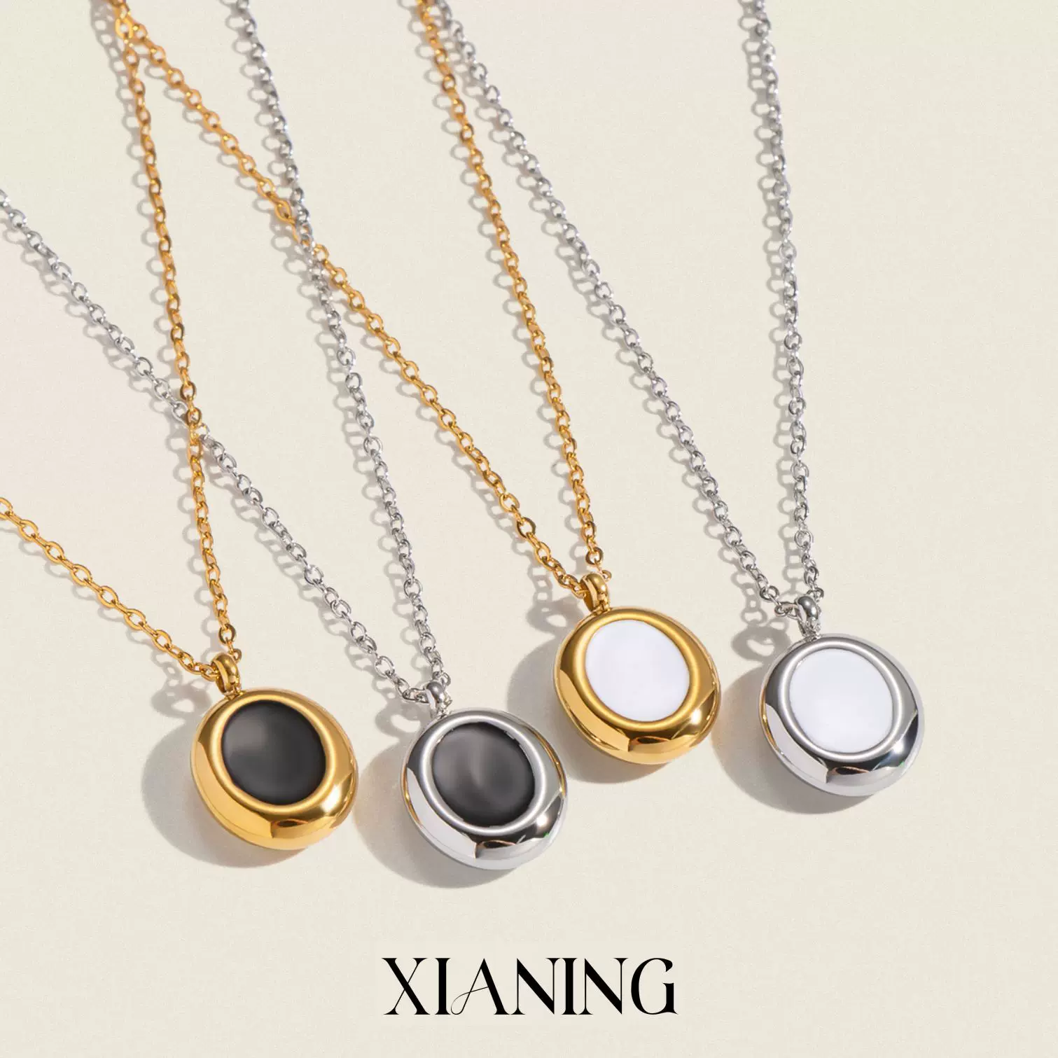 夏凌简约款椭圆滴油吊坠项链不锈钢真空电镀百搭日常项饰批发女