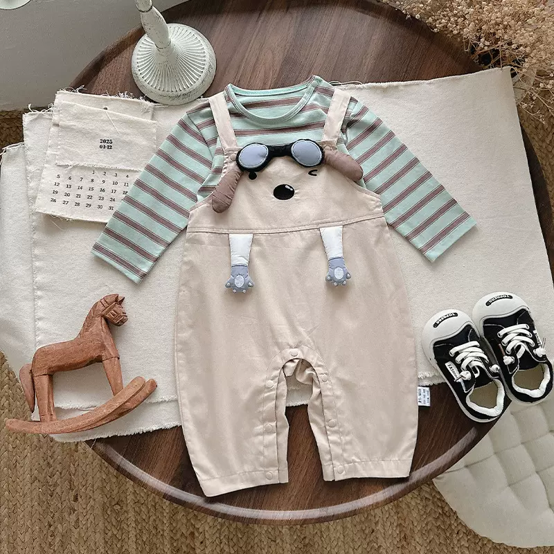 婴儿衣服秋装长袖分体连体衣春秋超萌可爱爬服背带裤套装两件套1