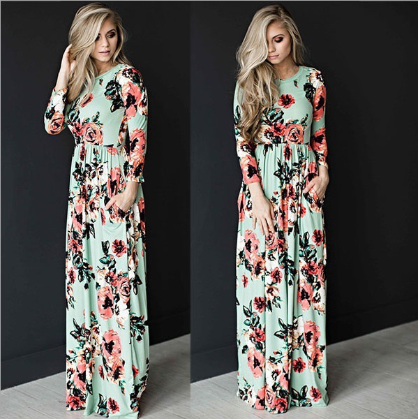 Summer Floral Pattern Dress round Neck Long Sleeve Women's Fashion 2022 Wish Hot Selling Export European American Style Large Stock Available_ecoleips.com