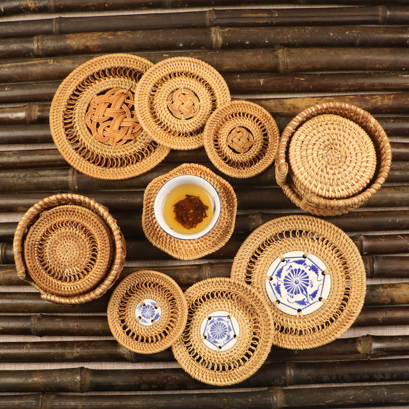 Posavasos de ratán vietnamita, cojín de aislamiento térmico de bambú tejido, cojín de paja, cojín de mesa, cojín de olla, taza de té, cojín de plato, cojín de tazón, mantel occidental