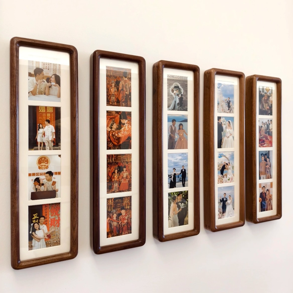 Long Solid Wood Photo Frame Multi-Square Grids Three-Connected Wedding Gauze Photo Printing Custom Photo Frame Creative Table Couple Wall Hanging