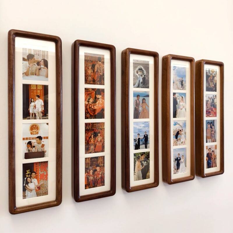 Long Solid Wood Photo Frame Multi-Square Grids Three-Connected Wedding Gauze Photo Printing Custom Photo Frame Creative Table Couple Wall Hanging