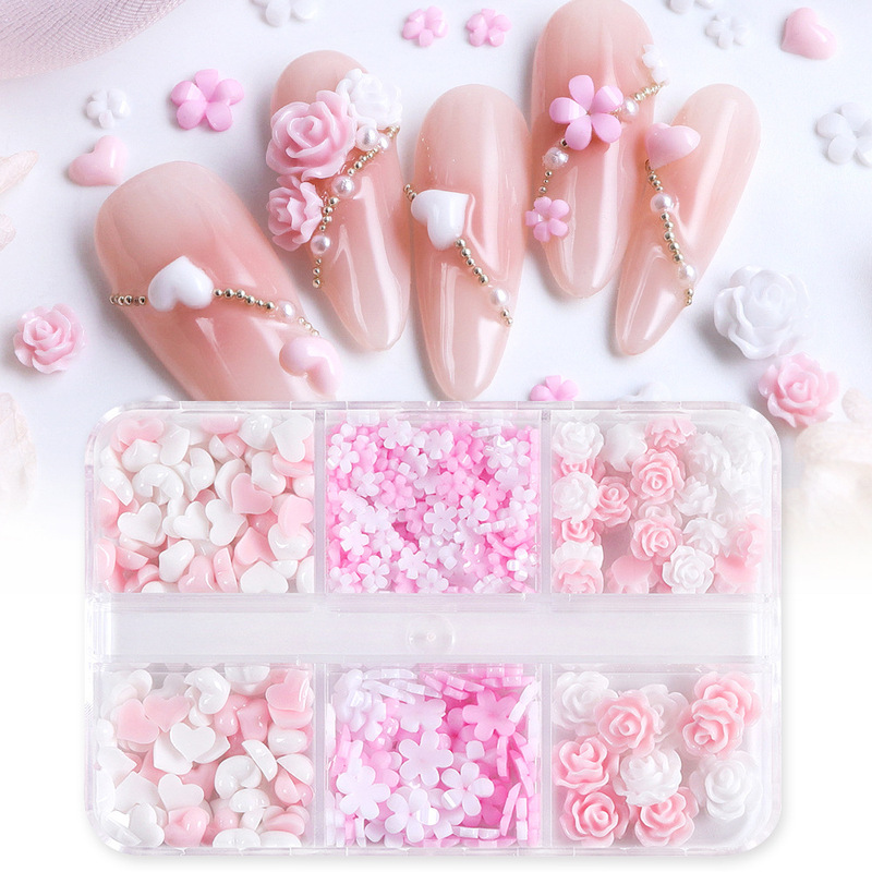 Spring 6 Pink White Camellia Love Nail Accessories Valentine's Day Mixed Color Resin Flower Nail Accessories