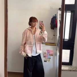 ZM8282026粉白条纹连帽拉链开衫女秋冬款港风chic显瘦宽松卫衣外