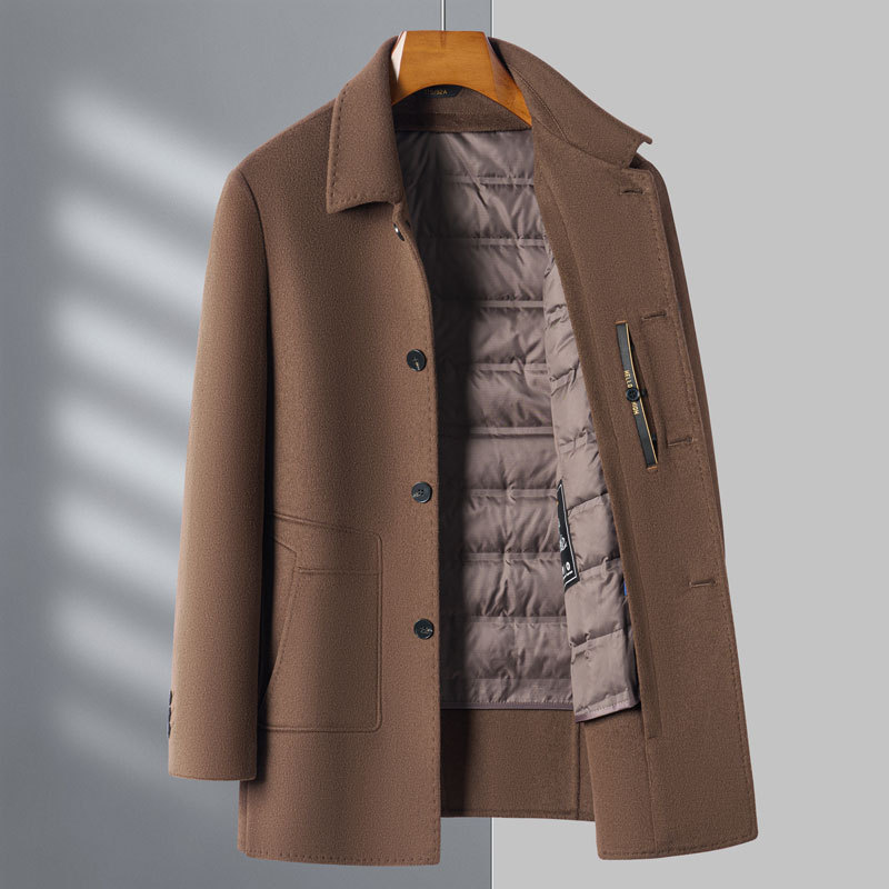 Men's winter wool coat, middle-aged father's style, double-faced wool, cashmere and down inner lining, mid-length trench coat