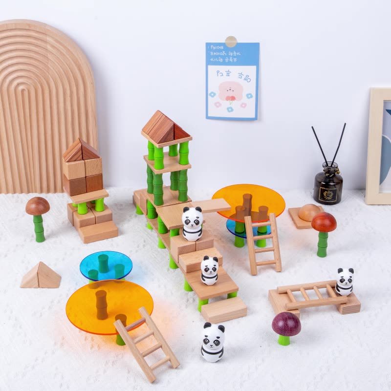 Children's Early Education Chinese Style Bamboo Forest Combination Enlightenment Building Blocks Jenga Scene Building Panda Eating Bamboo Educational Toys