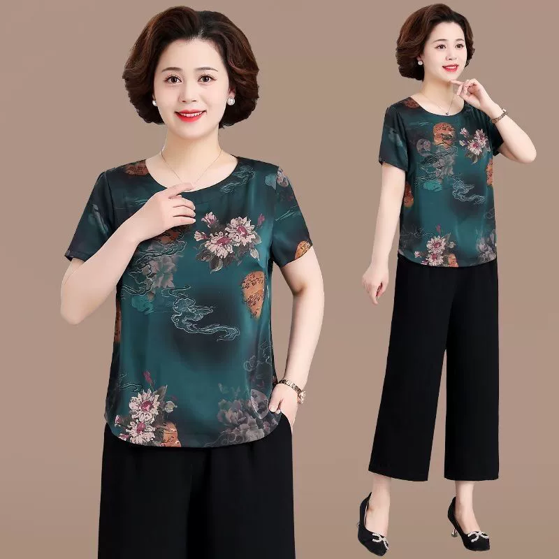 Silk summer clothing for mother, sleeves, summer set, with short sleeve, western style