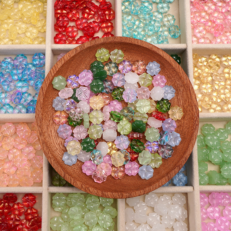 Glass imitation jade ice through four-leaf clover flower loose beads beaded vintage handmade DIY hairpin necklace ear accessories
