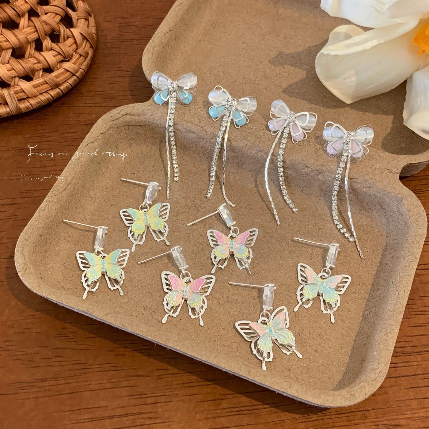 korean style oil dripping y2g magical butterfly earrings copper micro inlay women‘s silver needle colorful summer exquisite opal tassel earrings