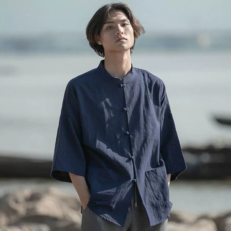 Китайская ветреная льняная рубашка Чжуншань мужская седьмые рукава китайская одежда из хлопка и льна повседневная тонкая рубашка летняя молодежная волна