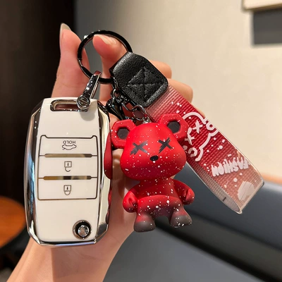 Car key bag: Sorento Yipao Kaishen Case - kia-b-folding-3-keys-single-shell-white-red-violent-bear-pendant