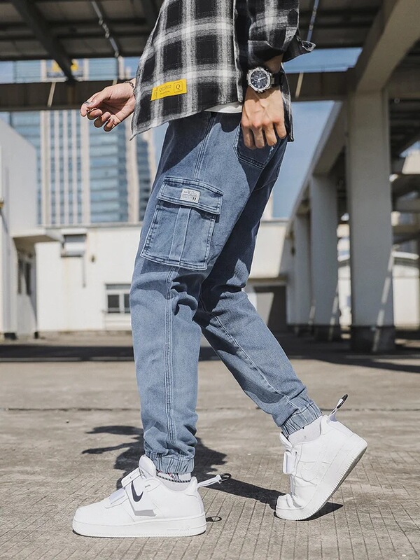 Spring and Autumn Men's Jeans with Multiple Pockets, Cargo Pants, Black and Blue Elastic Waistband Denim Joggers, Large Size