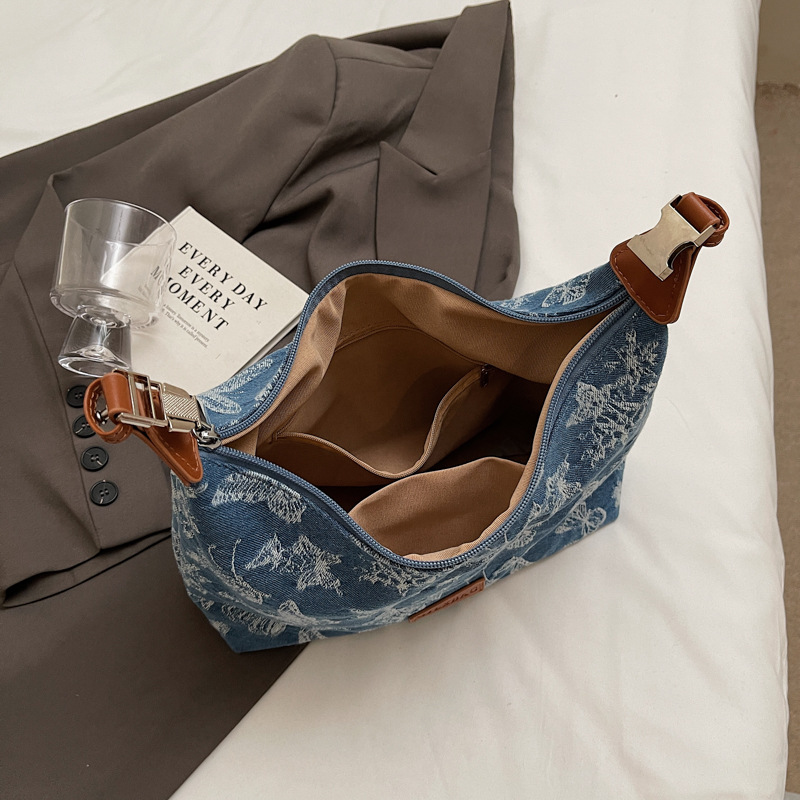 2024 nuevo bolso de viaje de mezclilla casual de gran capacidad con estampado de todo fósforo para mujer bolso de axila de un solo hombro