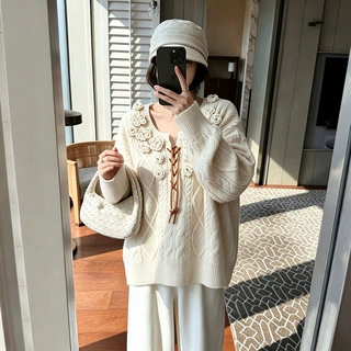 韩系复古麻花立体花朵设计感绑带套头毛衣女秋冬季穿搭针织衫上衣