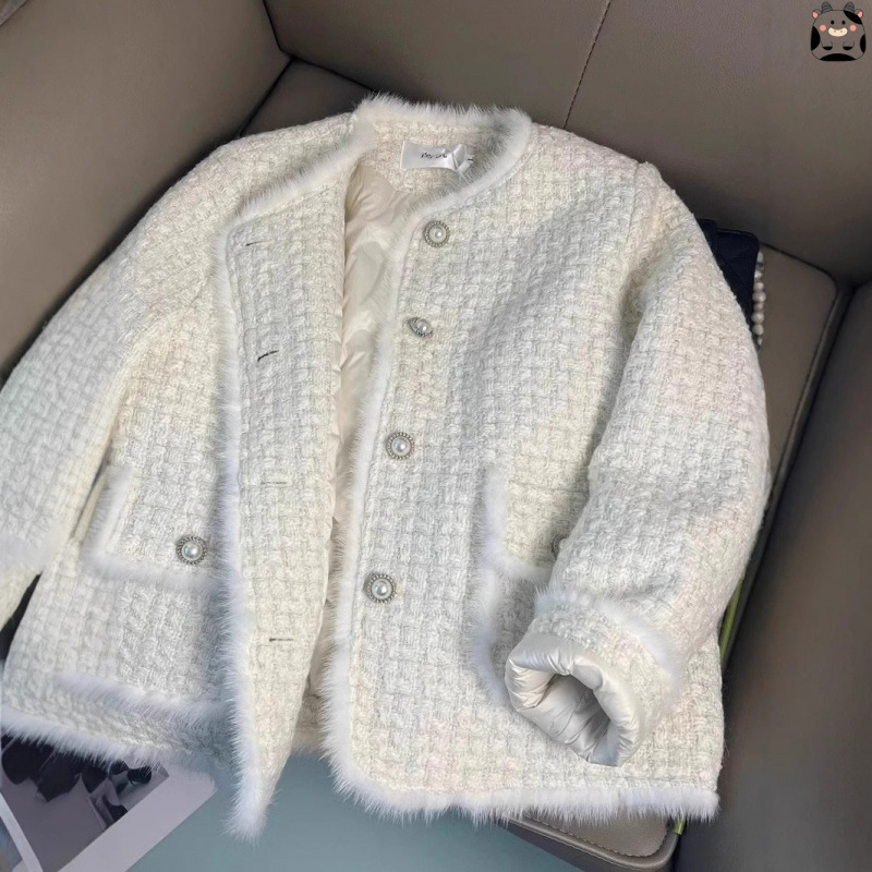 Imitation Mink Fur Small Fragrance down Jacket for Women Winter 2026 New Classy French Gold Thread Thick Tweed Woolen Jacket