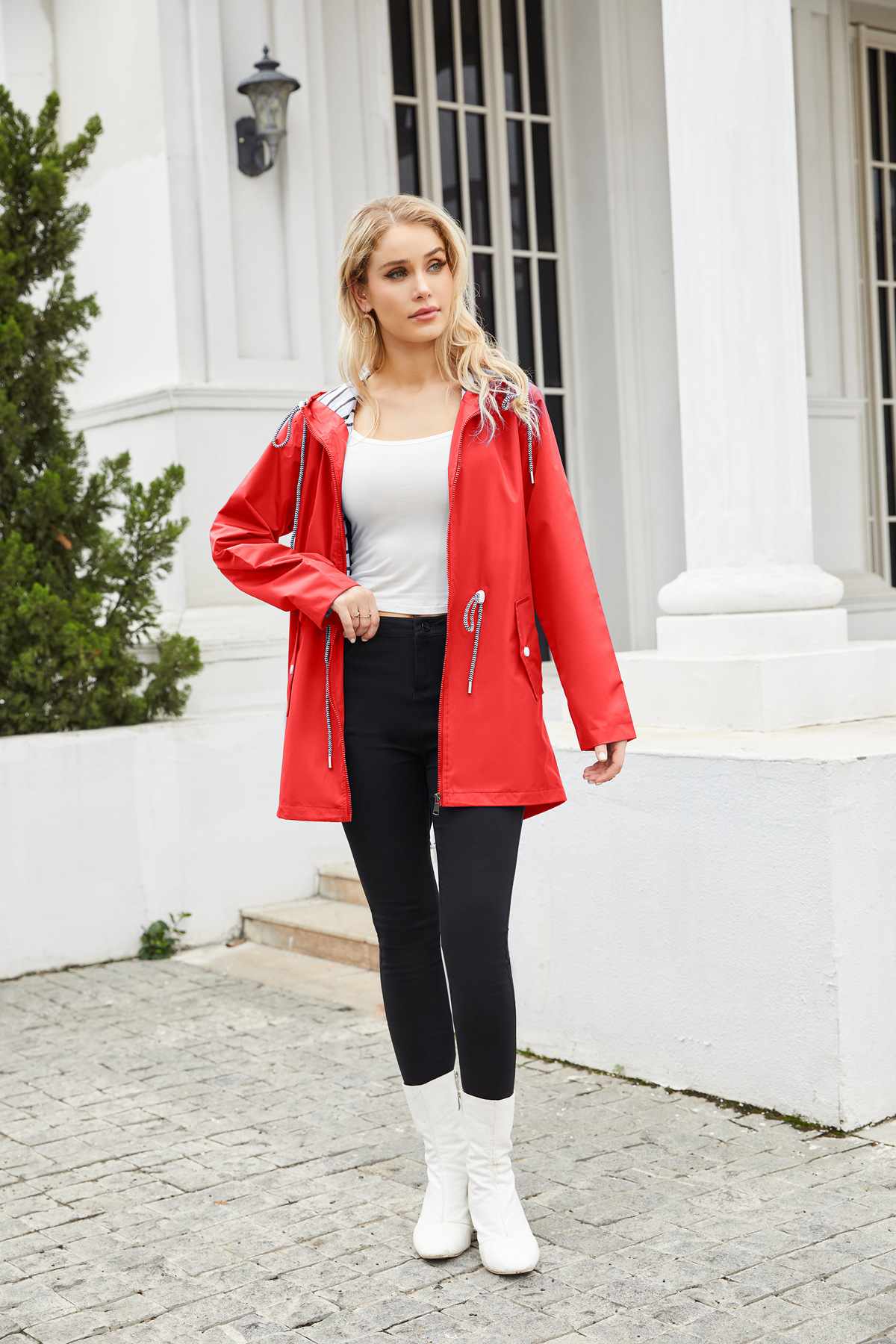 nieuwe lange mouwen anti-spatwater lange windjack dames capuchon gestreepte regenjas cross border plus size dameskleding_voghion.com