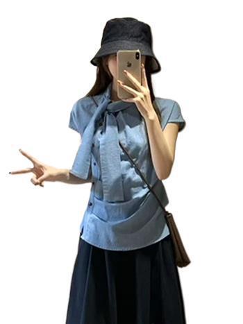 韩系条纹小飞袖飘带短袖衬衫女夏季设计感小衫不规则褶皱收腰上衣|undefined