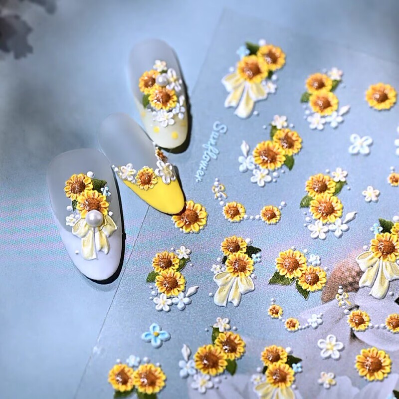 Cross-Border Nail Art Embossed Design, Dreamy Fresh Pastoral Style, Simple Sunflower Flower Bow Nail Sticker Decoration Cross-Border Nail Art Embossed Design, Dreamy Fresh Pastoral Style, Simple Sunflower Flower Bow Nail Sticker Decoration