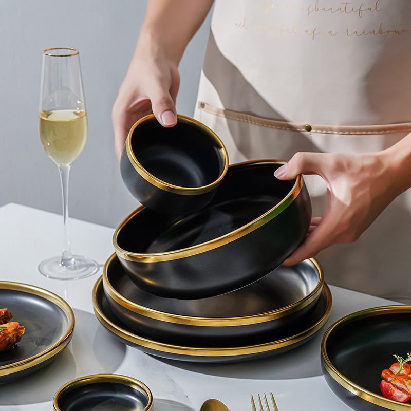 Nórdico borde dorado vajilla tazón plato palillos traje hogar mate negro ensalada plato de pescado Internet celebridad ins estilo vajilla