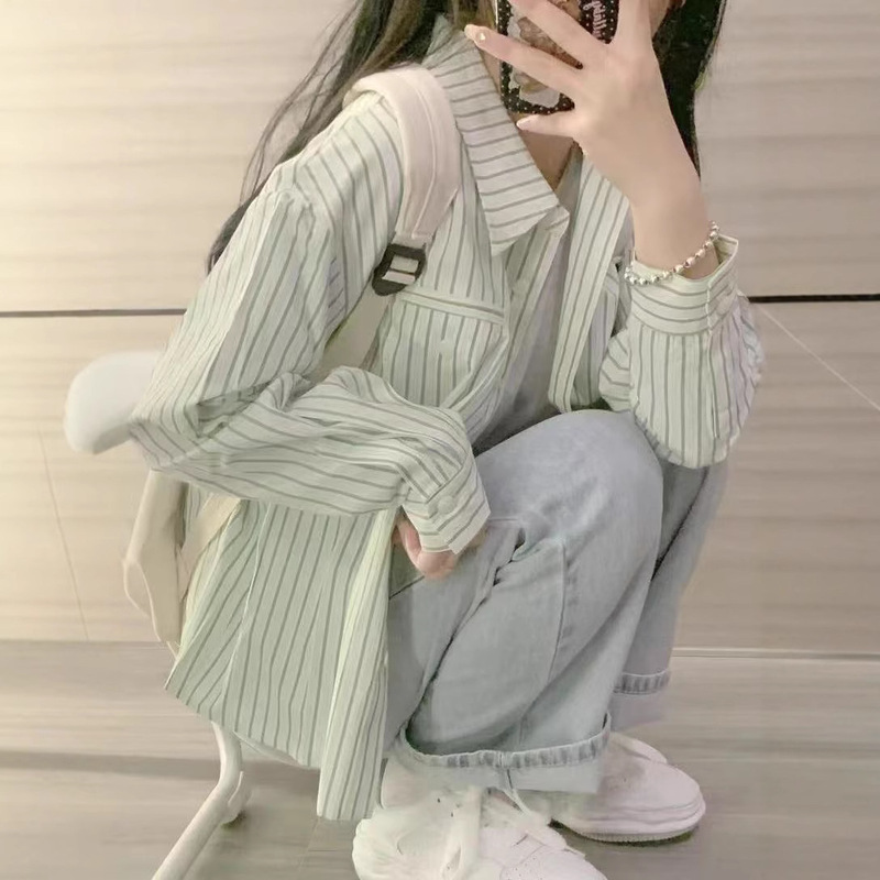 法式条纹衬衫女2025春季宽松日系复古小个子港风设计感小众上衣|undefined