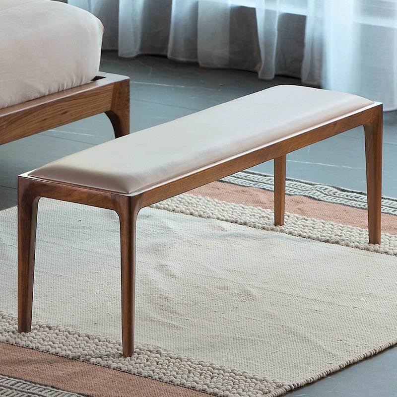 Nordic end-of-bed bench, black walnut wood bedroom end-of-bed sofa bench, bed bench, headboard bench, genuine leather shoe-changing bench