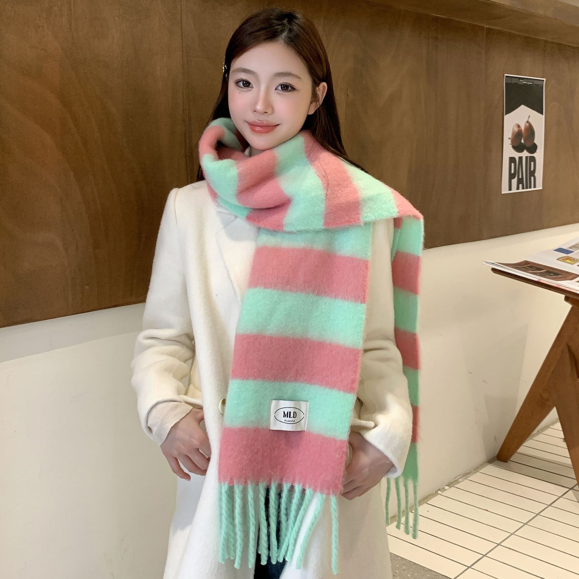 Corea del Sur AC rayas de color combinado bufandas de cachemira 2024 nuevo otoño invierno moda versátil pareja calentamiento buñuelo