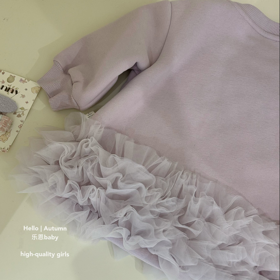 [Le En ropa para niños] Niñas invierno hilo de red púrpura más falda de terciopelo bebé estilo occidental falda de suéter vestido de año nuevo