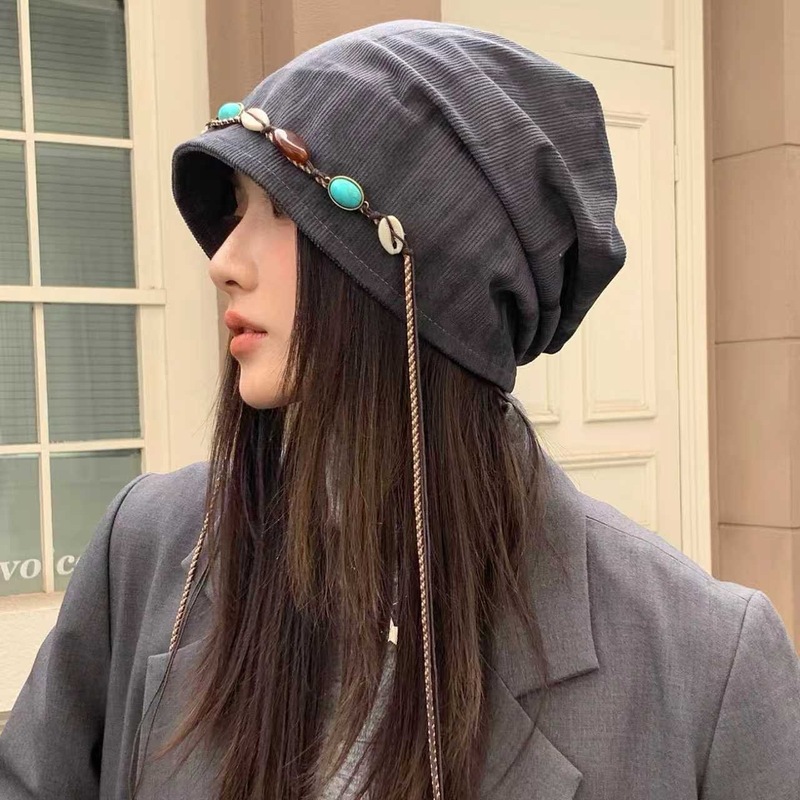 秋冬季韩版堆堆帽大头围女显脸小复古串珠护耳帽百搭保暖包头帽|undefined
