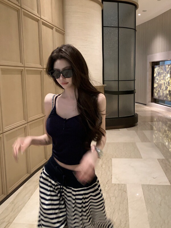 藏青条纹阔腿裤女2025秋季新款高腰垂感宽松显瘦百搭休闲拖地长裤|undefined