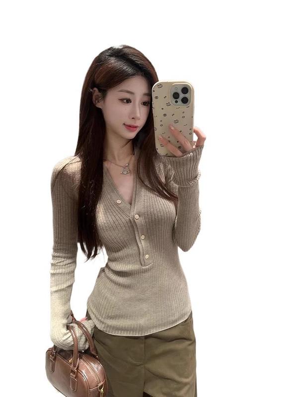 新秋季韩系v领长袖针织衫女秋季毛衣内搭打底衫纽扣修身纯欲上衣|undefined