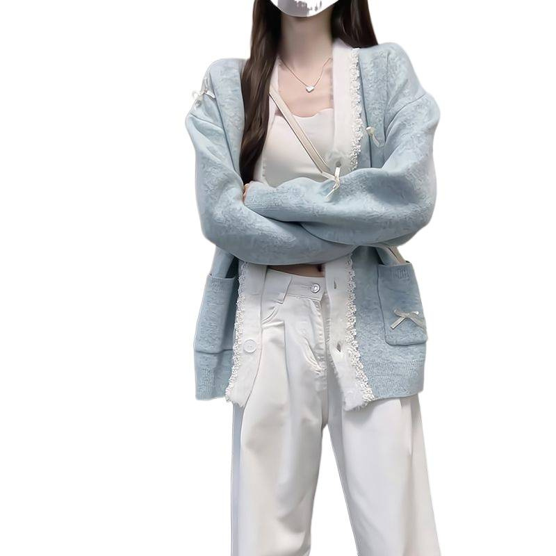 韩系蝴蝶结蕾丝边长袖针织开衫女2024秋冬甜美宽松中长款毛衣外套|undefined