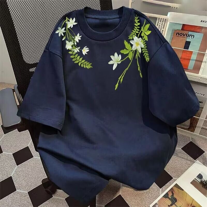 Floral Short-Sleeved T-Shirt for Men, Summer American Fashion Brand, High Street Niche Youth T-Shirt, Loose and Versatile, Five-Quarter Sleeves