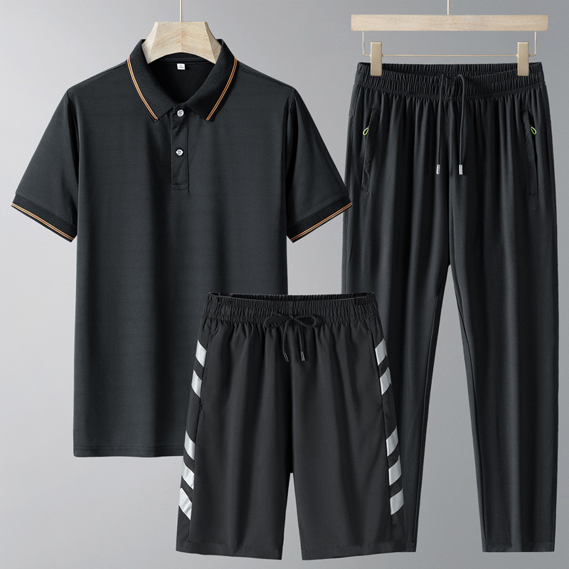 Set de manga corta de mediana edad para hombre verano papá pantalones cortos de hielo con solapa polo casual de tres piezas pantalones secos rápidos