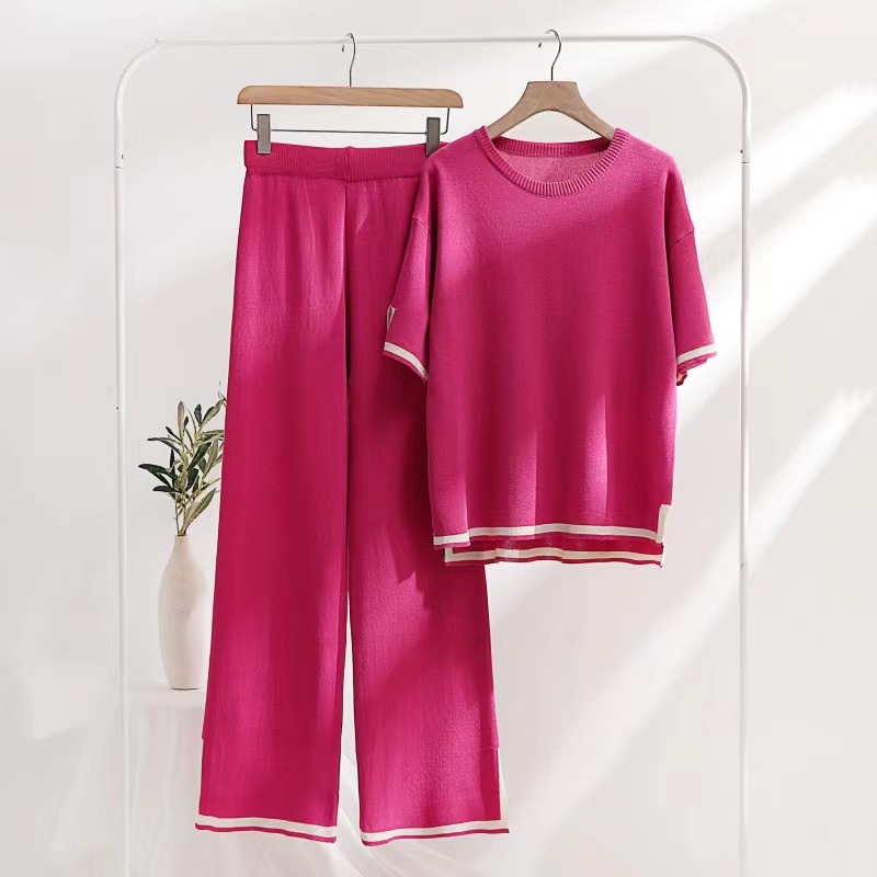Conjunto de dos piezas de punto para mujer retro cuello redondo_voghion.com