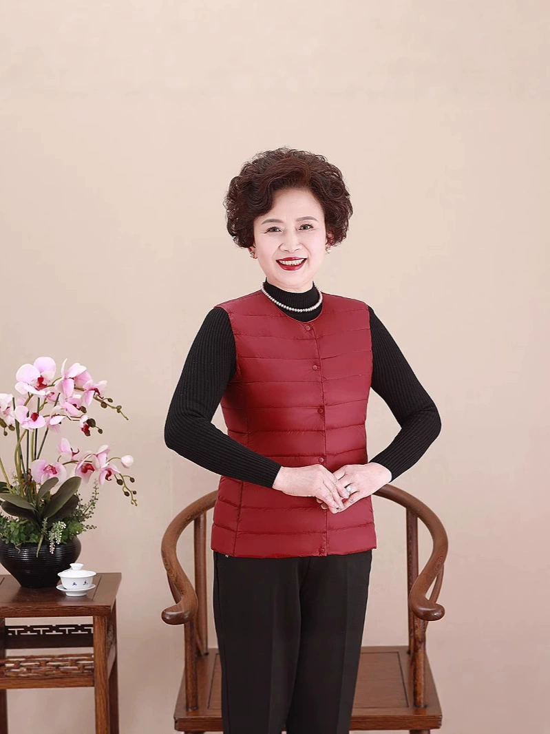 Легкий пуховик с круглым вырезом для женщин среднего и пожилого возраста, пуховик с подкладкой, женский теплый жилет большого размера, жилет