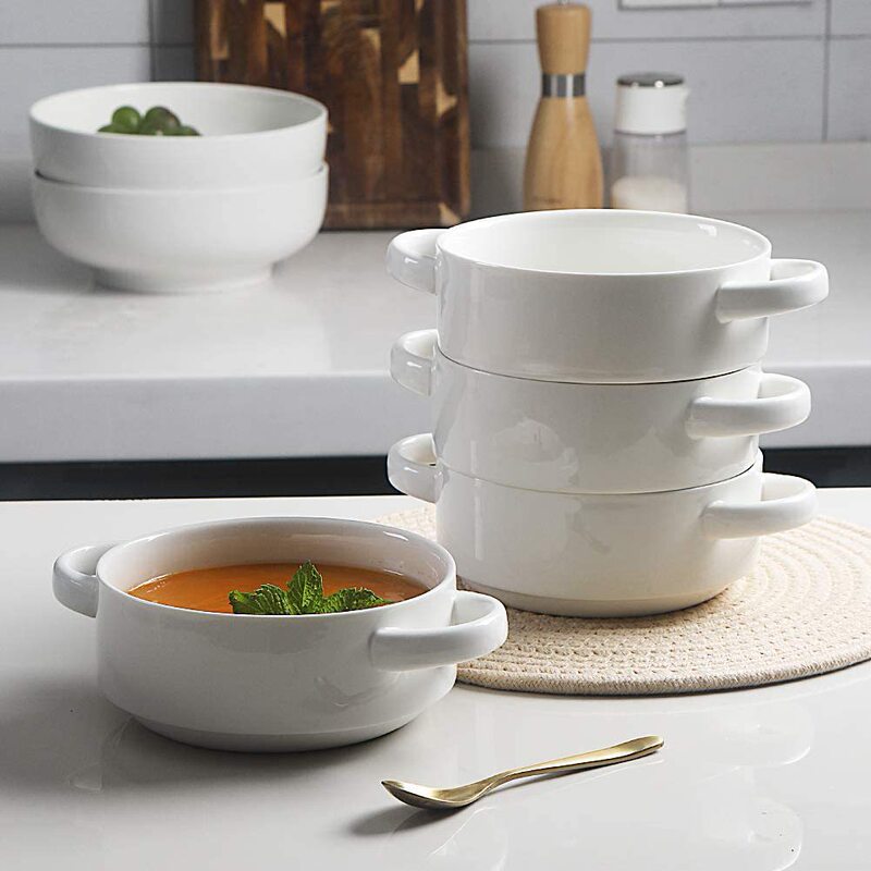 European-style Double Ear Bowl Dessert Bowl Household Dishes and Spoon Set Sugar Water Bowl and Dishes Porridge Point Bowl Double-skin Milk Bowl Ceramic Tableware