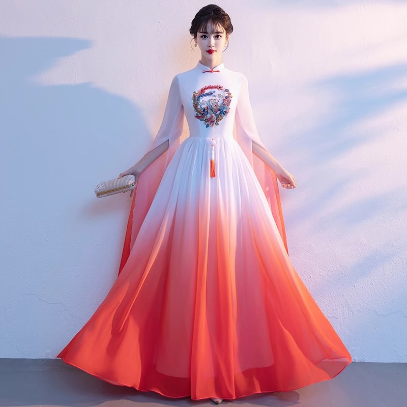Big Choir Performance Dress Women's Long Dress New Style Host Command Fairy Style Dress Chinese Style Guzheng Competition Performance Dress