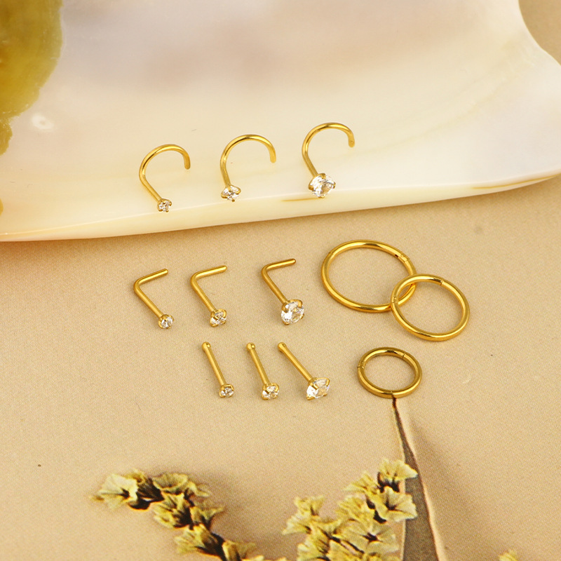 12-Piece Diamond Nose Ring Set Stainless Steel Nose Stud Hoop Combo Piercing Jewelry 18K Gold Plated detail image 7