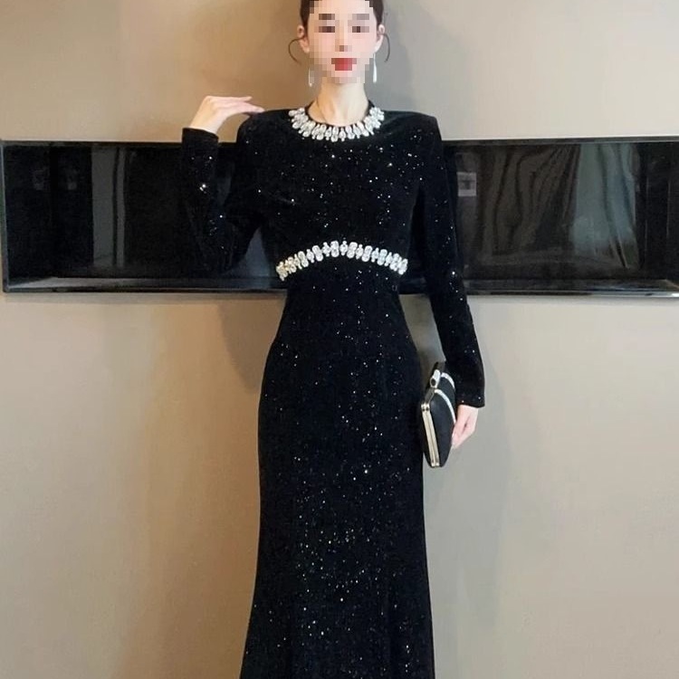 European-style Black For Women, Spring Collection, Heavy-duty Rhinestone Embellished Party Gown, Light Luxury Fishtail_ecoleips.com
